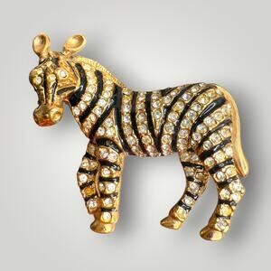 Vintage Zebra Brooch Gold Tone Black Enamel Rhinestone Animal Pin